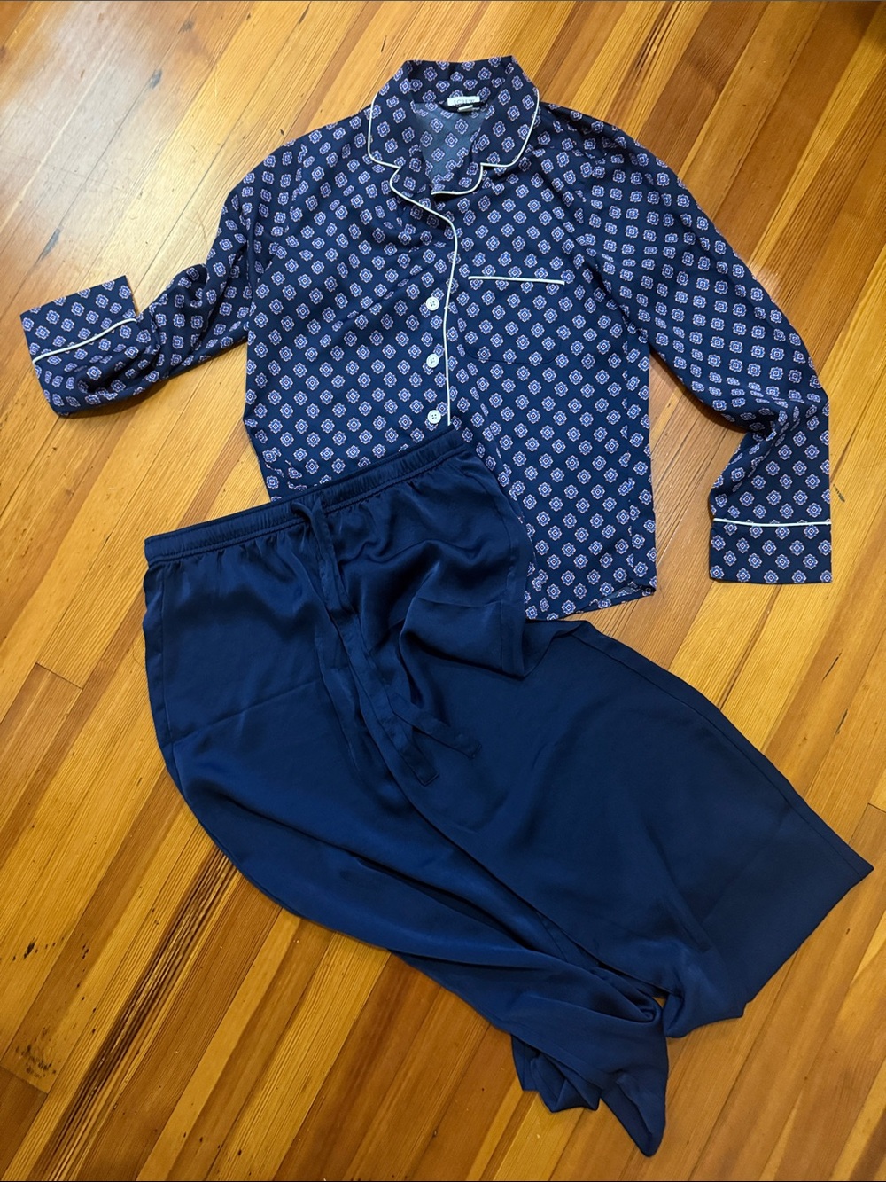 Navy Blue Two-Piece Pajama Set - Button-Up Top & Drawstring Pants